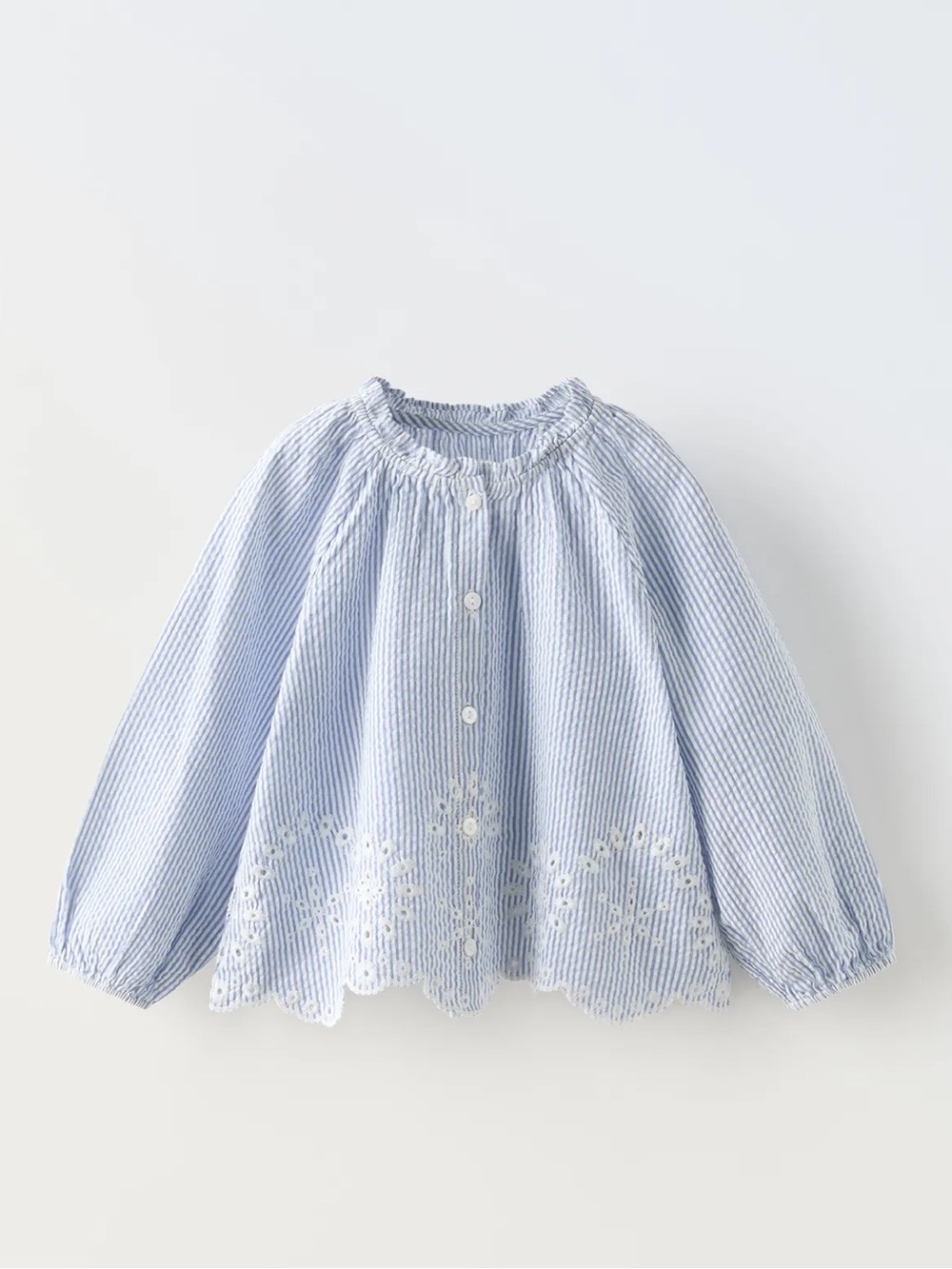 Zara Girls Light Blue Striped Button-Front Top with Eyelet Hem